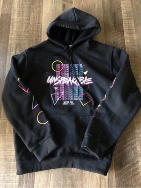 Unspeakable Live Black Graphic Hoodie with Neon Geometric Print Size Large